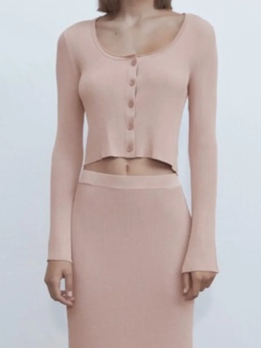 Zara Knit Set Long Bell Sleeve Blouse + Skirt Small Tan Ribbed Stretchy Minimal